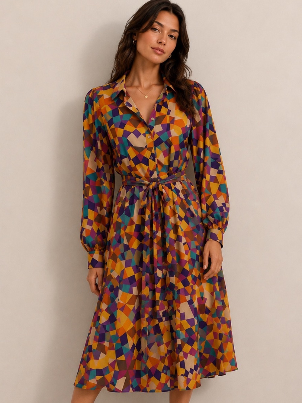 Flying Tomato Multicolor Geometric Midi Shirt Dress
